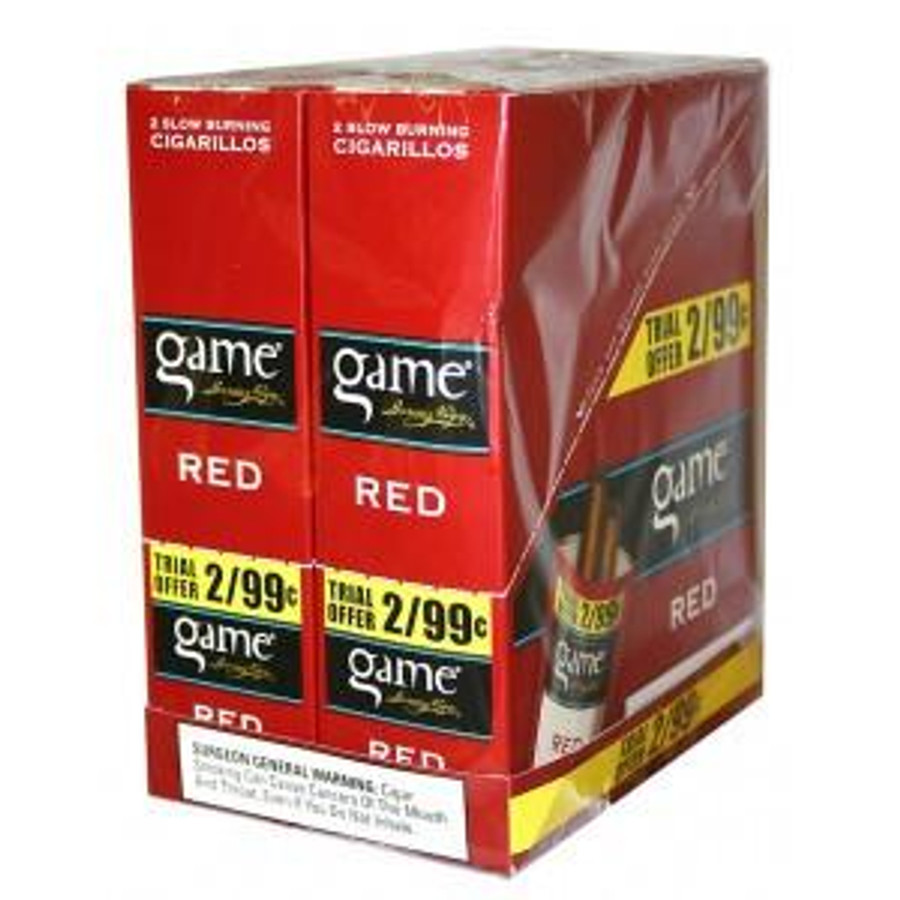Swedish Match Game Cigarillos Foil Red 30 Pouches of 2, red foil packaging with product branding and promotional offers.