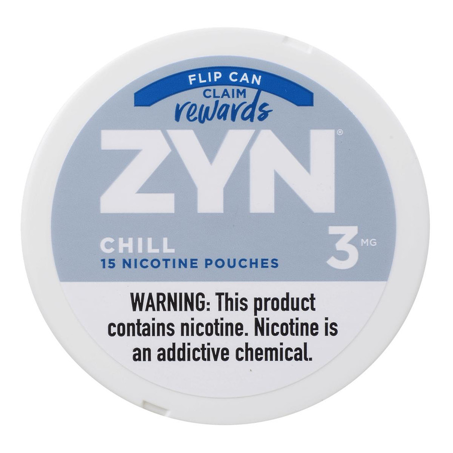 Zyn Nicotine Pouches Chill 3 Mg 15/5 Tins, white round container with blue and black text and a nicotine warning label.