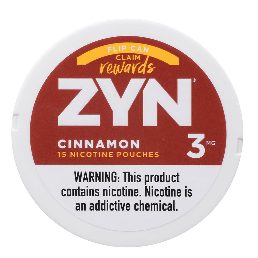 Zyn Nicotine Pouches Cinnamon 3 Mg 15/5 Tins, round white can with red and yellow label featuring the Zyn logo, nicotine content, and warning message.
