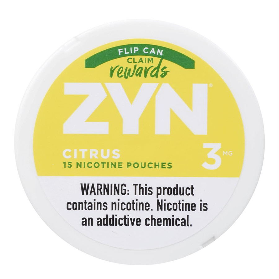 Zyn Nicotine Pouches Citrus 3 Mg 15/5 Tins, circular tin container with yellow and green label featuring product name, nicotine content, and warning message.