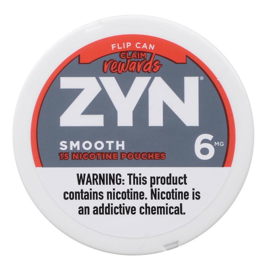 Zyn Nicotine Pouches Smooth 6 Mg 15/5 Tins, round white tins with a label displaying the ZYN logo, nicotine strength, and warning label.