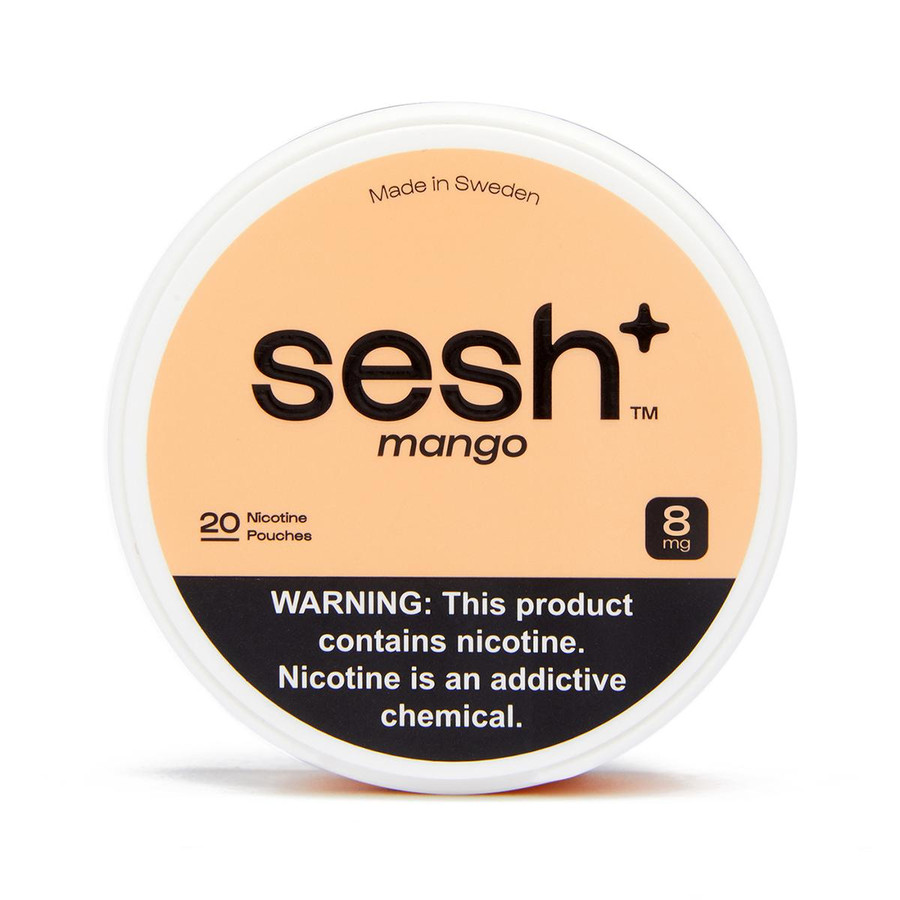 Sesh Tobacco Free Nicotine Pouch Mango, round container with peach-colored label and black text, indicating 8 mg nicotine strength, made in Sweden, and containing 20 pouches.
