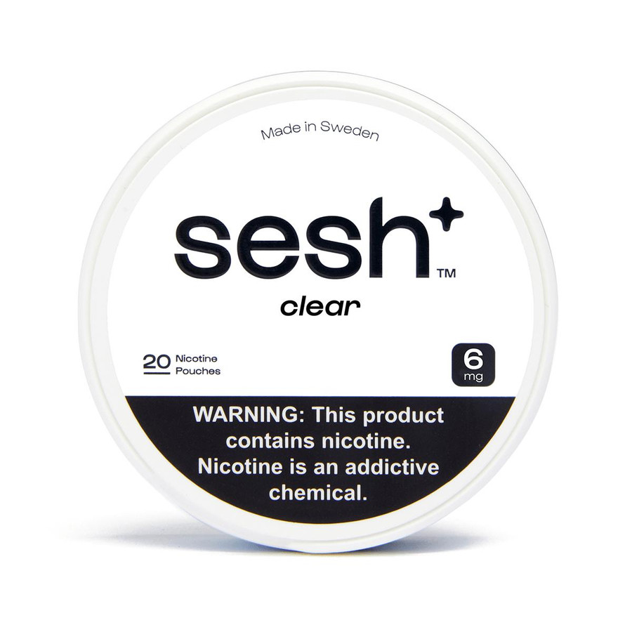 Sesh Tobacco Free Nicotine Pouch Unflavored 6mg, round white container with black and white labeling, indicating 20 nicotine pouches, made in Sweden, and featuring a warning about nicotine addiction.