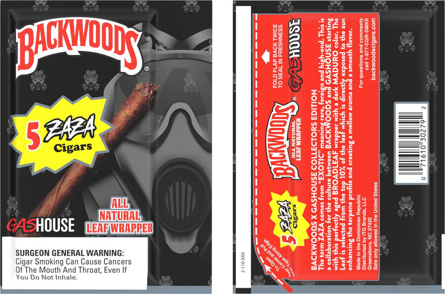 Backwoods Cigars Zaza x Gas House 8/5, pack of five natural leaf wrapper cigars with a graphic design featuring a cigar and a gas mask in the background.