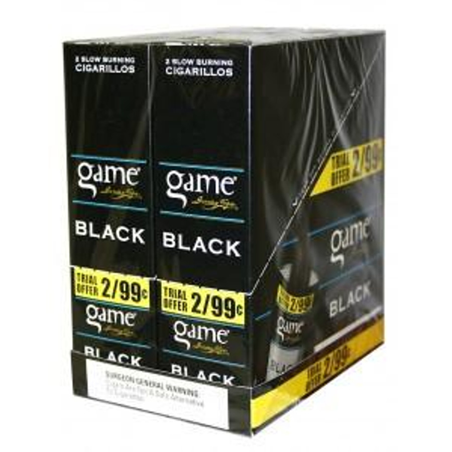 Swedish Match Game Cigarillos Foil Black 30 Pouches of 2, image of a black box containing 30 foil-packed cigarillos with branding and promotional labels.
