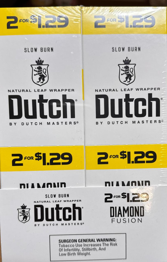 Product Altadis Dutch Masters Cigarillos Foil Diamond Fusion 30 Pouches of 2, retail display image showing boxes of Dutch Masters cigarillos with promotional pricing labels.