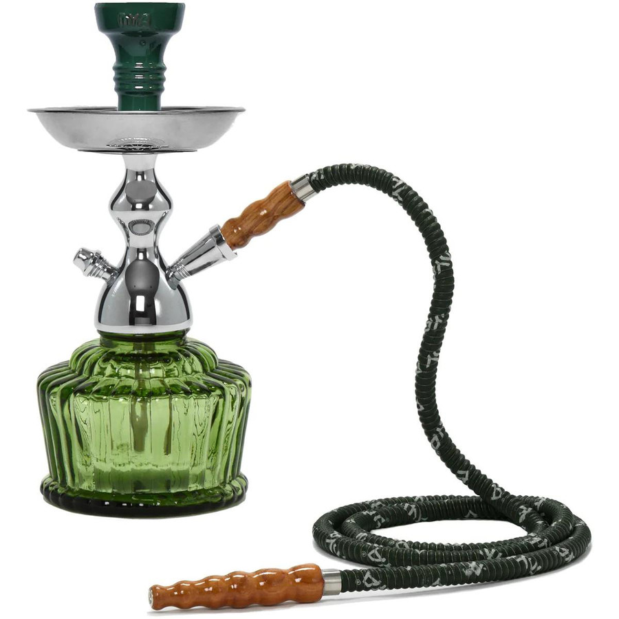 MYA QT Hookah with wire Basket, a stylish smoking apparatus featuring a green glass base, metallic body, and a black hose with a wooden handle.