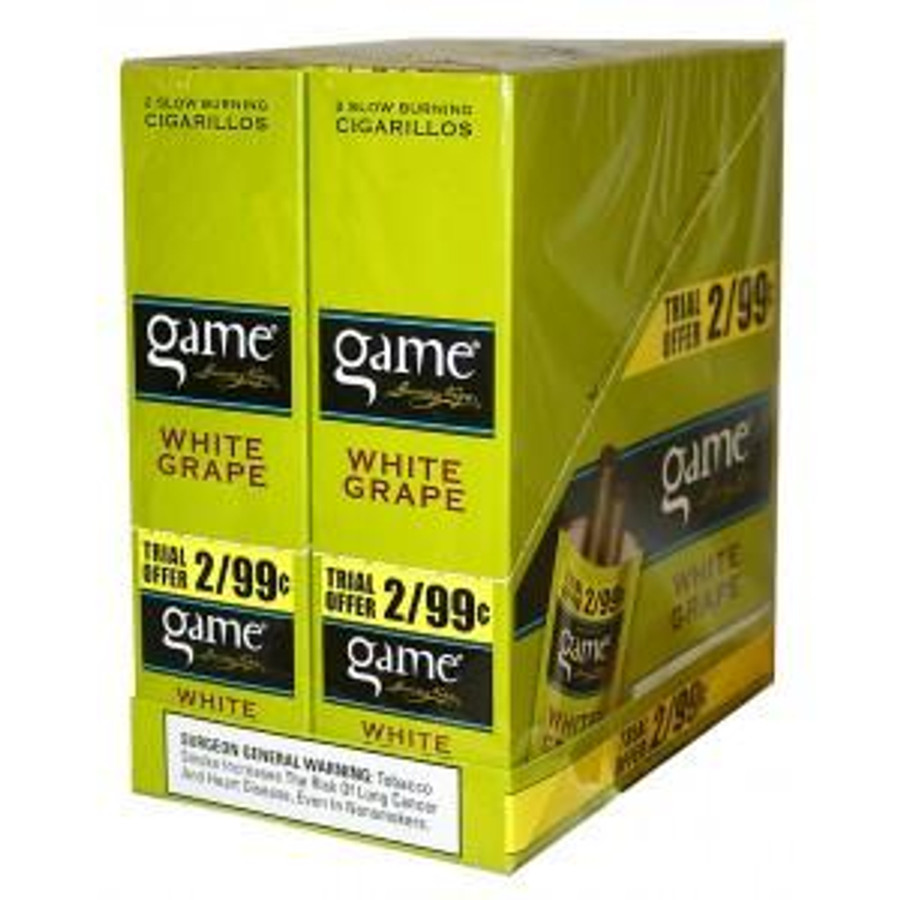 Swedish Match Game Cigarillos Foil White Grape, a box of 30 pouches of flavored cigarillos in white grape flavor.