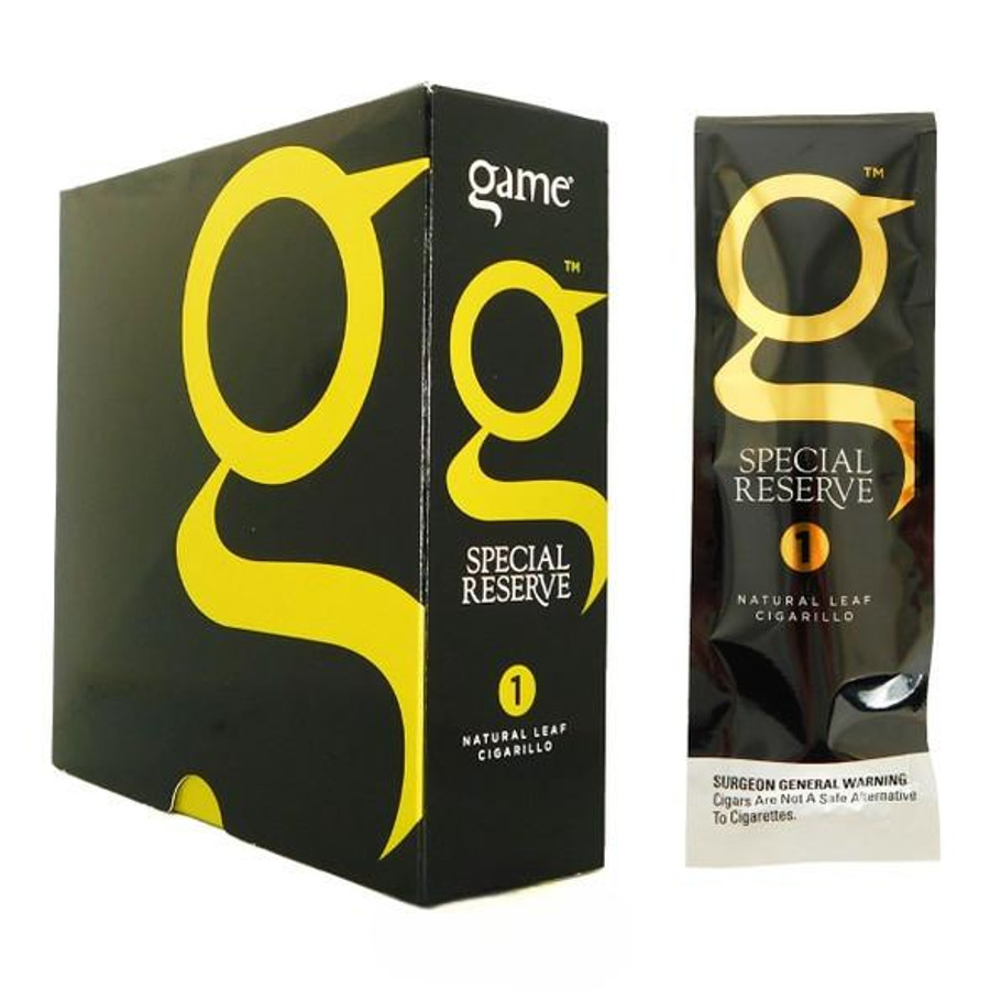 Game Cigarillos Special Reserve 15Ct, product packaging including a box and a single cigarillo pack showing the yellow 'g' logo on a black background.