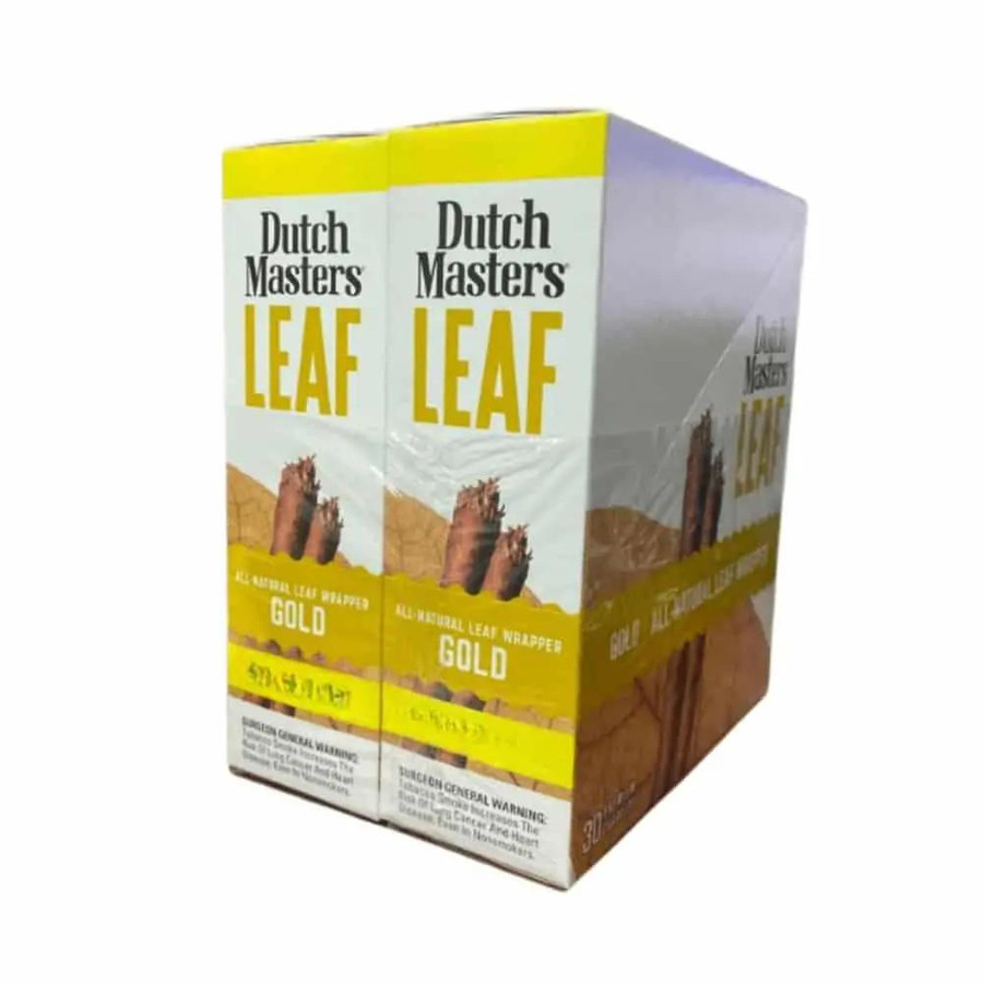Product Altadis Dutch Masters Leaf Cigars Gold 30/2Ct, two packs of all-natural leaf wrapped cigars with yellow and white packaging.