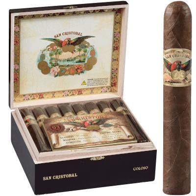 San Cristobal Coloso Cigars 24 Ct. Box, open cigar box showing multiple cigars with decorative band, and a single cigar outside the box.