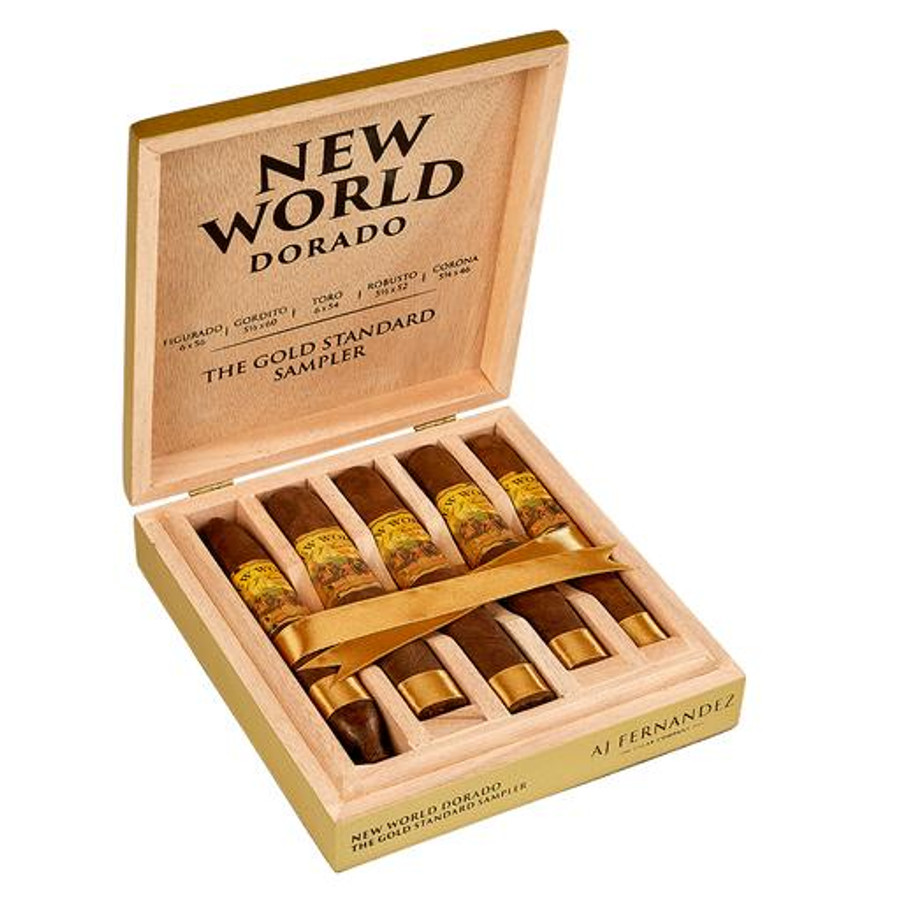Montecristo New World El Dorado by AJ Fernandez Cigar Sampler 5ct, wooden box containing five cigars with yellow bands, open to display the cigars inside.