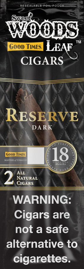 Good Times Sweet Woods Reserve Dark 15/2 cigars, resealable foil pouch with dark, textured packaging and a visible cigar inside. Good Times Sweet Woods Reserve Dark 15/2 cigars, resealable foil pouch with dark, textured packaging and a visible cigar inside.