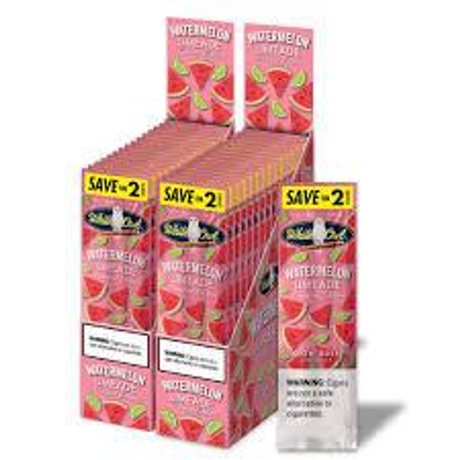 Swedish Match White Owl Cigarillos Watermelon Limeade 30 Pouches of 2, display of colorful watermelon limeade flavored cigarillos in pink and green packaging with a promotional 