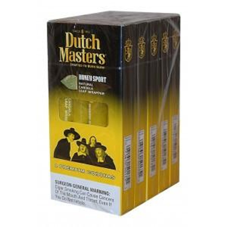 Altadis Dutch Masters Honey Sport Cigars Pack 5/4, a box of honey-flavored nature cigarillos with black and yellow packaging featuring images of people and product details. Altadis Dutch Masters Honey Sport Cigars Pack 5/4, a box of honey-flavored nature cigarillos with black and yellow packaging featuring images of people and product details.
