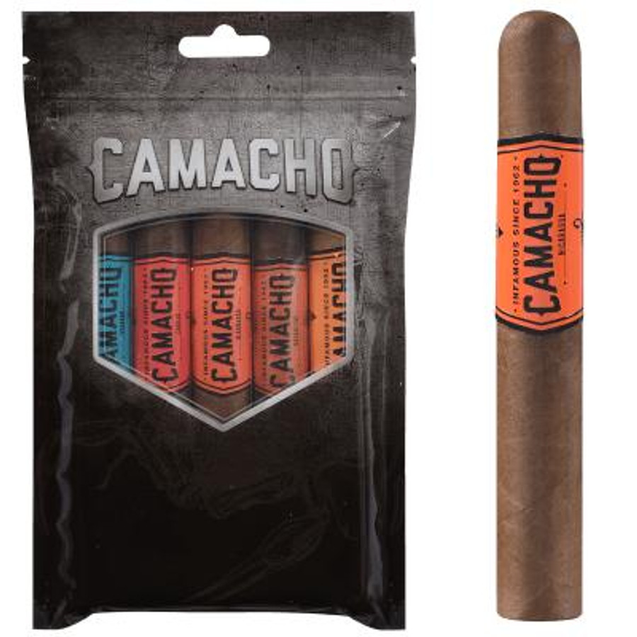 Camacho Cigars Toro Sampler 5ct, packaging with five cigars visible through a clear window and one individual cigar shown separately.