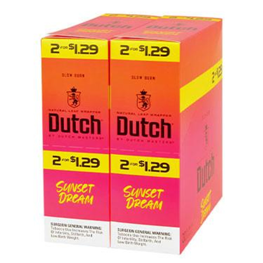 Altadis Dutch Masters Foil Cigarillos Sunset Dream Fusion 30 Pouches of 2, colorful cigarette packaging with pink and yellow accents featuring the Dutch Masters logo and flavor name.