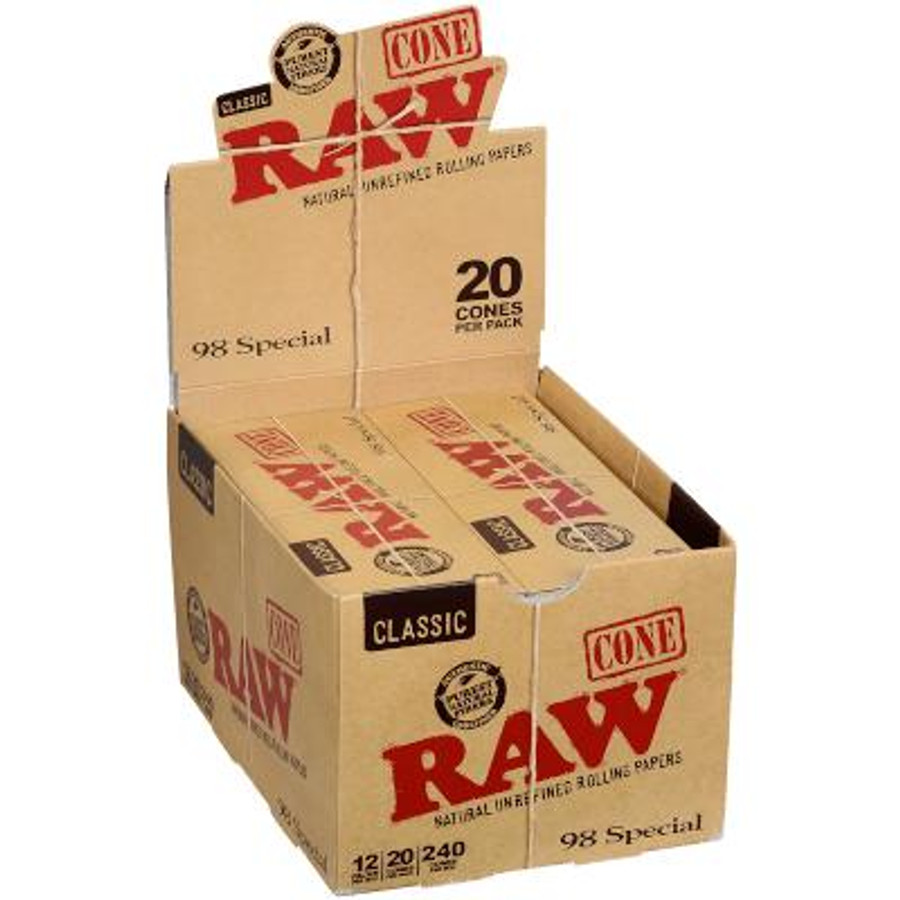RAW Classic Cones 98 Special 12ct/20ct, cardboard box filled with pre-rolled rolling cones, branded with RAW logo and product details.