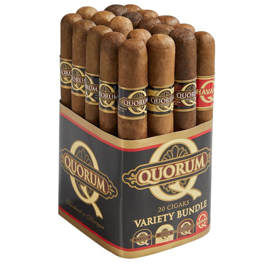 Quorum Cigars Sampler 20ct, a variety bundle of 20 cigars in a decorative box with multiple cigar sticks inside.