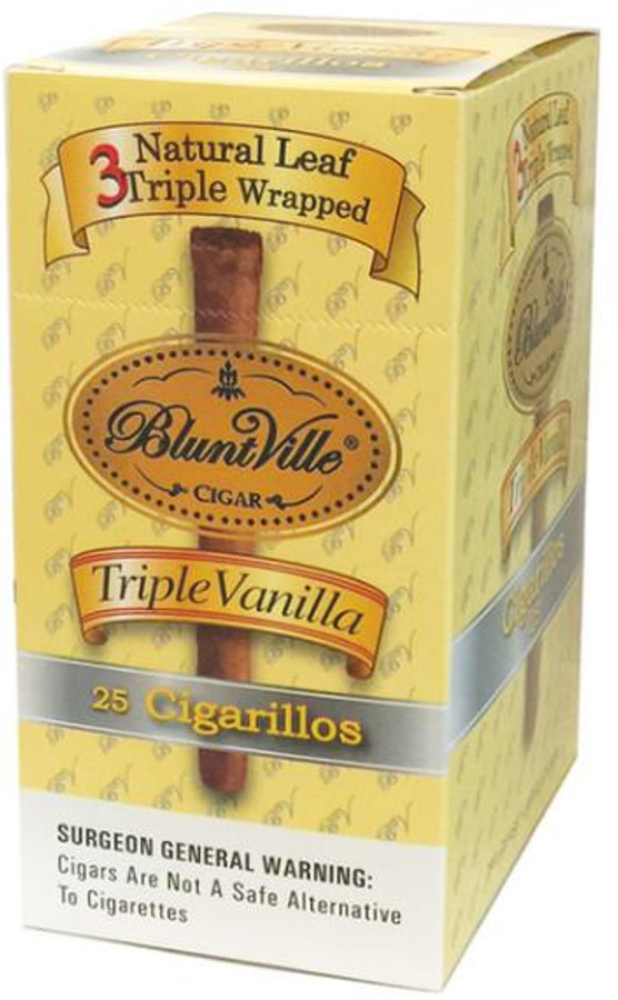 Swisher International Bluntville Cigars Triple Vanilla 25 Cigarillos, box of pre-priced cigarillos featuring triple vanilla flavor and natural leaf wrapper.