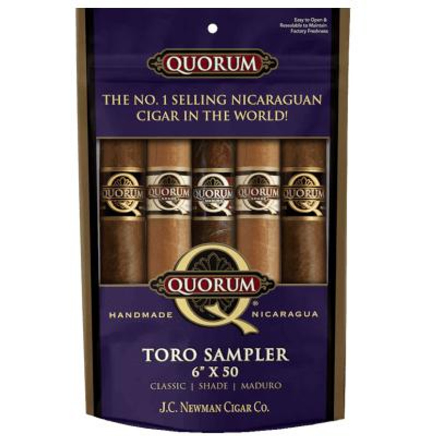 Quorum Toro Cigars Sampler 5ct, box of five cigars with dark brown wrappers and Quorum branding, featuring a purple and gold packaging design.