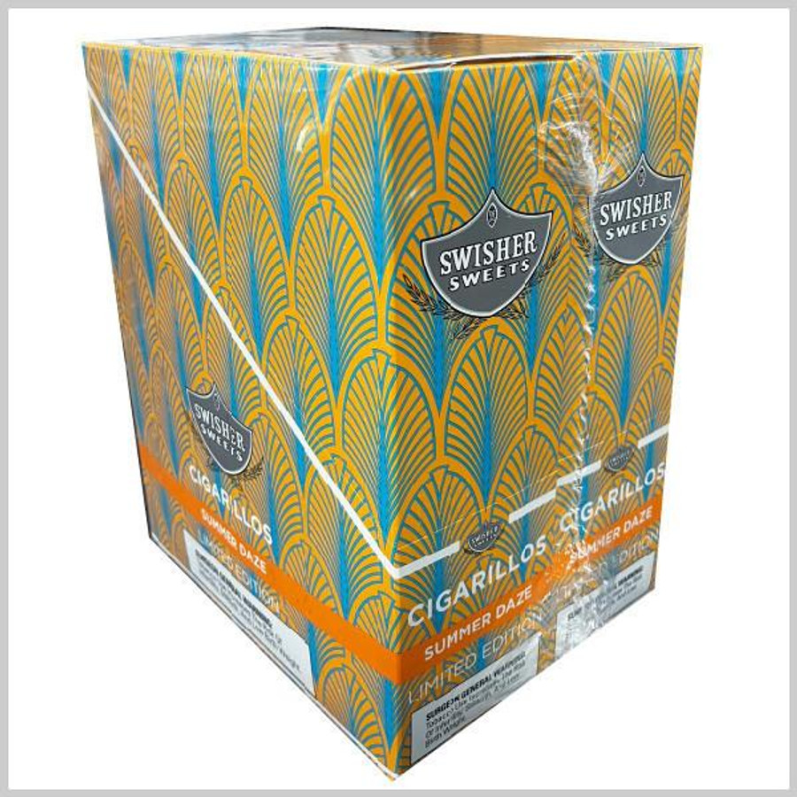 Swisher Sweets Cigarillos Summer Daze 30 Pouches of 2, colorful packaging with a blue and orange fan-like pattern and the brand logo.