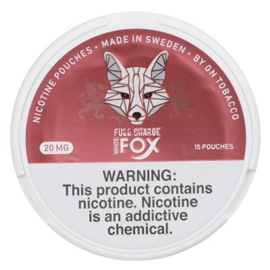 White Fox Nicotine Pouches, round container label with red and white design, featuring a fox logo, 20mg nicotine strength, and a warning about nicotine addiction.