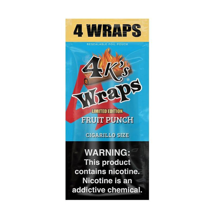 4 K’s Wraps 4 Kings Wraps 30/4 Pouches Fruit Punch, resealable foil pouch with colorful packaging featuring a red tape and fire graphics, indicating a limited edition fruit punch flavor.