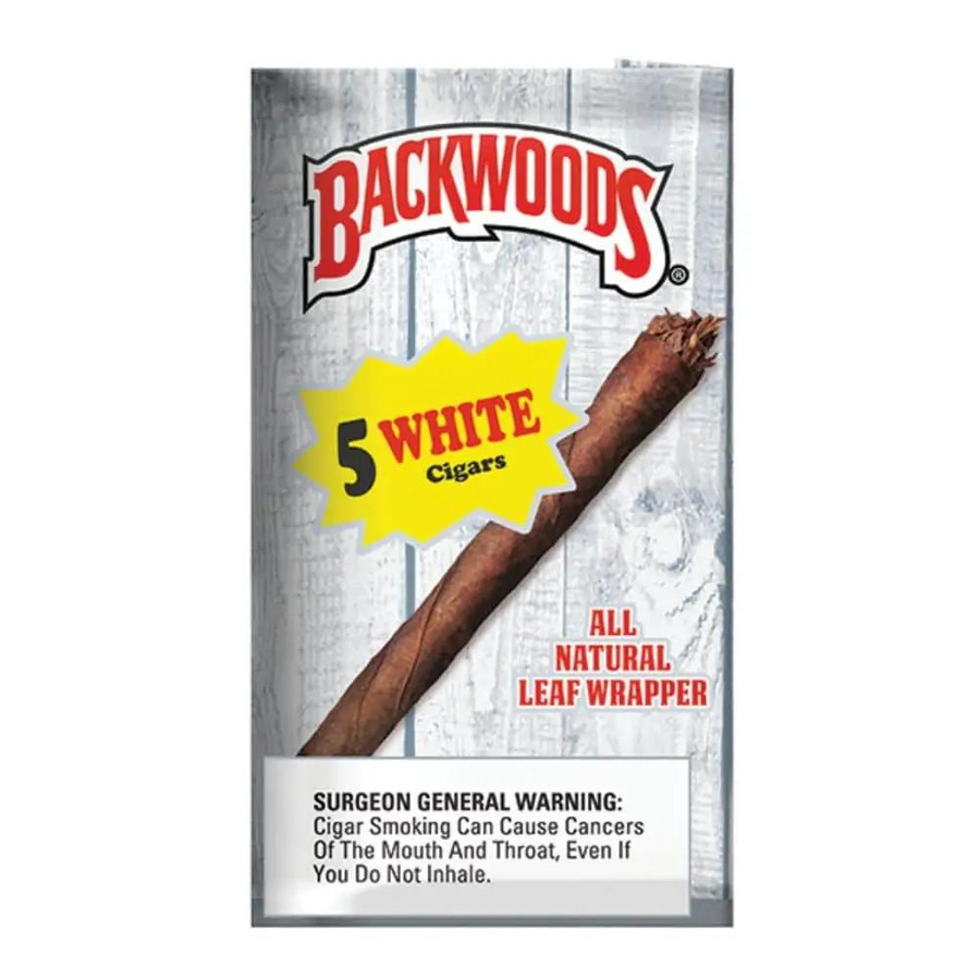 Altadis Backwoods White Cigars 8/5Ct, pack of 5 white cigars with leaf wrapper, all-natural leaf wrapper packaging.