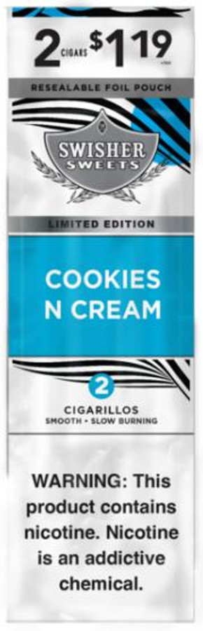 Swisher Sweets Cigarillos x Cookies n Cream, resealable foil pouch packaging with 30 pouches of 2 cigars each, featuring a blue and black design with the Swisher Sweets logo and flavor name.