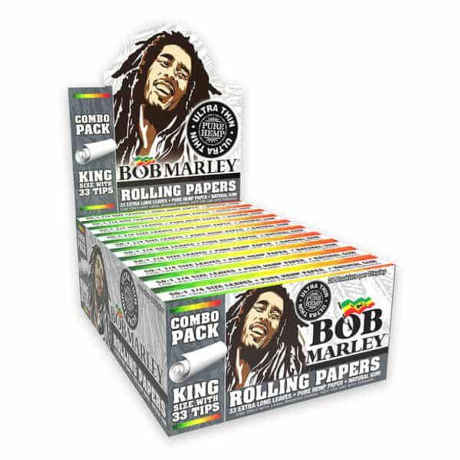 Bob Marley Papers, box of ultra thin king size cigarette rolling papers with 50 count, featuring a large portrait of Bob Marley on the package.