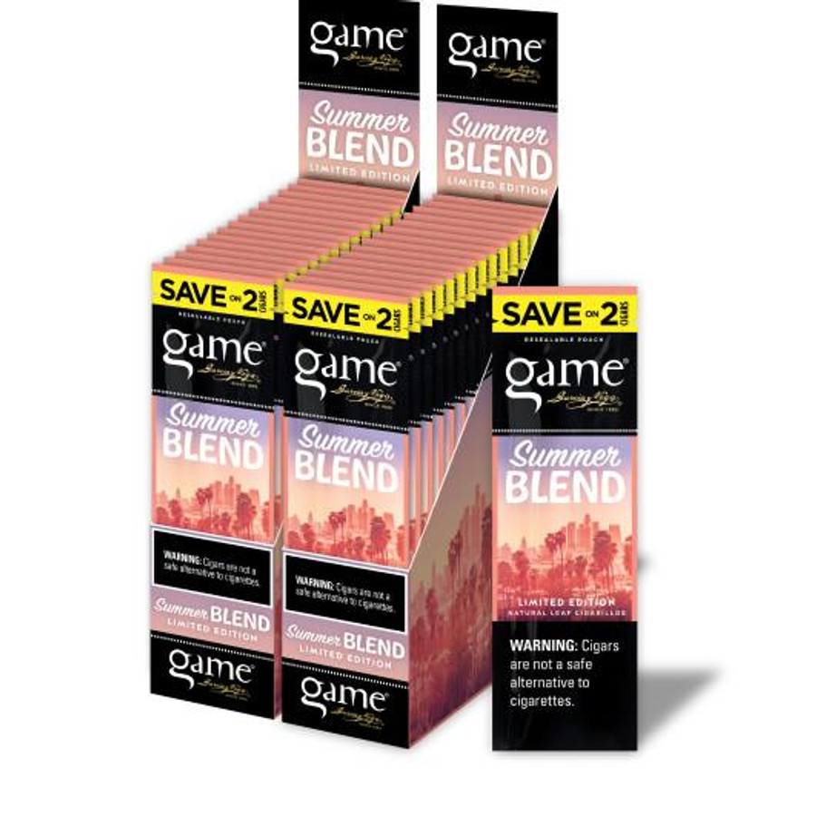 Swedish Match Game Cigarillos Foil Summer Blend 30/2 Ct, display of cigarette packs with summer cityscape design and warning labels. Swedish Match Game Cigarillos Foil Summer Blend 30/2 Ct, display of cigarette packs with summer cityscape design and warning labels.