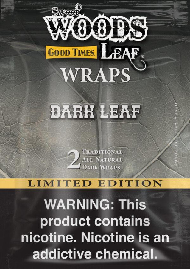 Good Times Sweet Woods Dark Leaf Wraps, 30 Packs of 2, natural dark leaf wraps for smoking, limited edition packaging with warning label about nicotine content. Good Times Sweet Woods Dark Leaf Wraps, 30 Packs of 2, natural dark leaf wraps for smoking, limited edition packaging with warning label about nicotine content.
