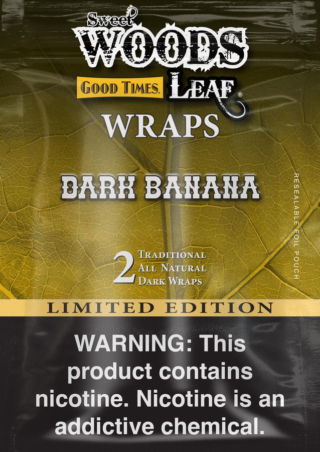 Good Times Sweet Woods Dark Banana Wraps 30 Packs of 2, image of the product packaging featuring dark banana leaf wraps with branding and warning label.