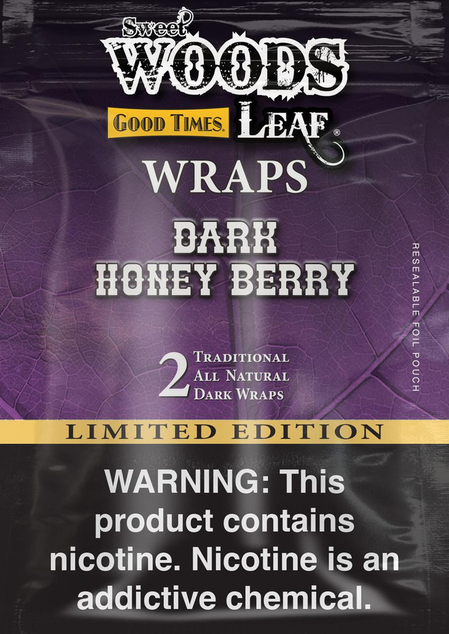 Good Times Sweet Woods Dark Honey Berry Wraps, package of 30 packs of 2 with dark purple leaf design and warning label about nicotine content. Good Times Sweet Woods Dark Honey Berry Wraps, package of 30 packs of 2 with dark purple leaf design and warning label about nicotine content.
