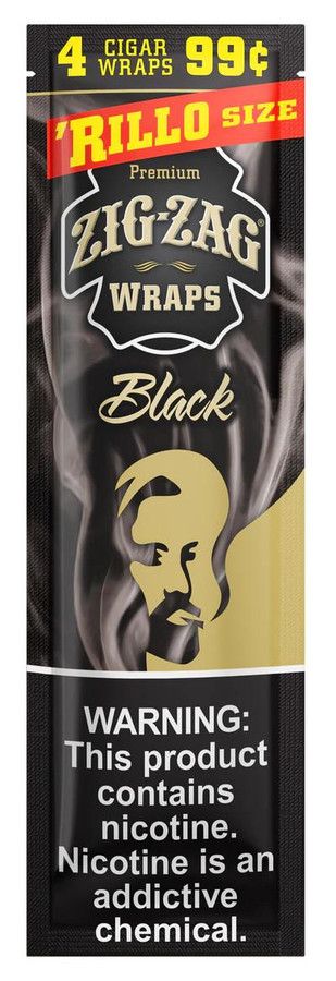 Product Republic Group Zig Zag Rillo Wraps Black 4 for 0.99, packaging featuring black and gold design with warning label about nicotine content.