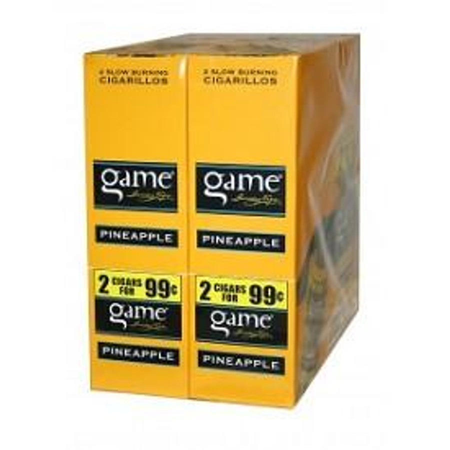 Swedish Match Game Cigarillos Foil Pineapple, packaging of 30 pouches with 2 cigarillos each, featuring yellow and black design. Swedish Match Game Cigarillos Foil Pineapple, packaging of 30 pouches with 2 cigarillos each, featuring yellow and black design.