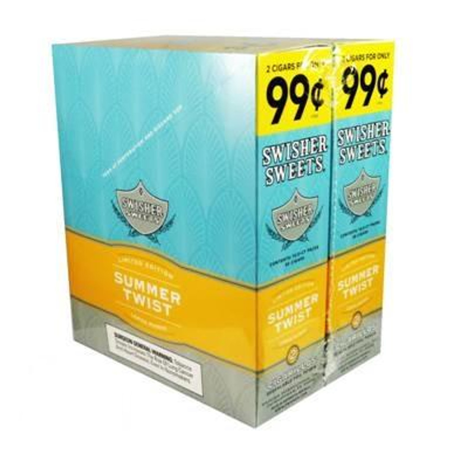 Swisher International Swisher Sweets Cigarillos Foil Summer Twist 30 Pouches of 2, product box featuring blue and yellow packaging with promotional price tags.