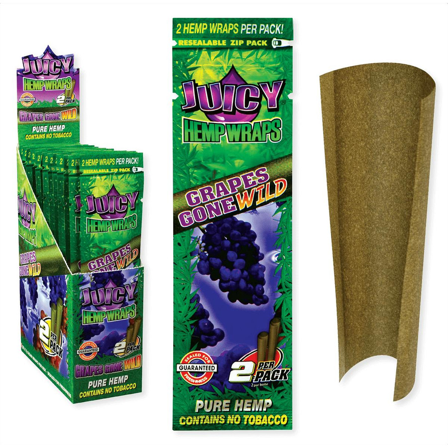 Juicy Jay Hemp Wraps Grapes Gone Wild, package of hemp wraps with grapes design, and a plain brown hemp wrap paper for rolling.