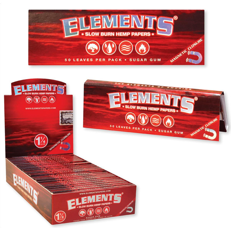 RAW Elements Cigarette Rolling Papers RED 1.25 25Ct, pack of slow burn hemp cigarette rolling papers with magnetic closure and individual packs displayed.