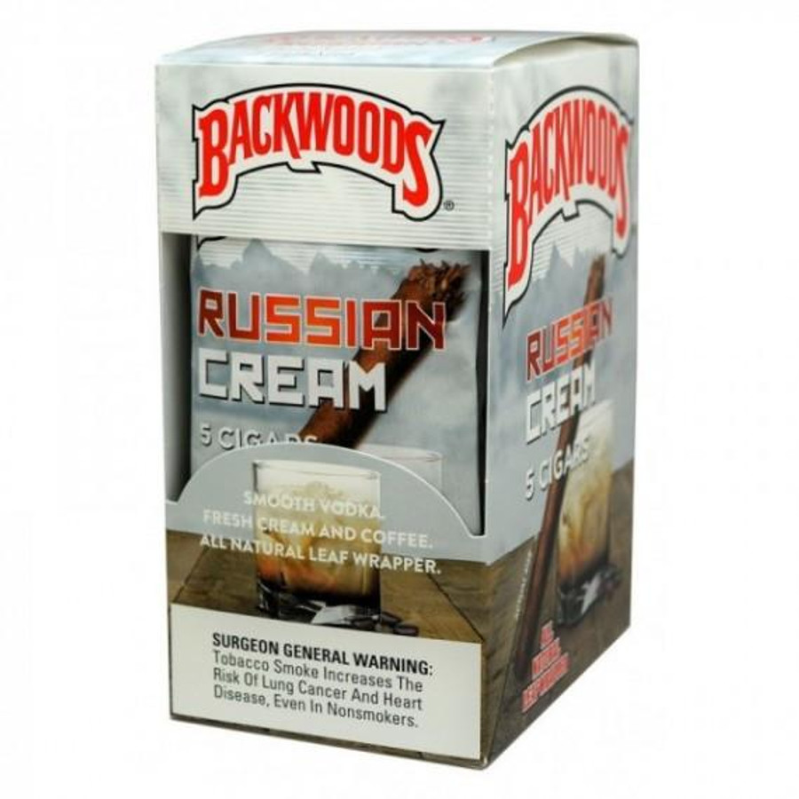 Backwoods Russian Cream Cigars 8/5Ct, retail box with branding and an image of a cigar with a glass of creamy drink.