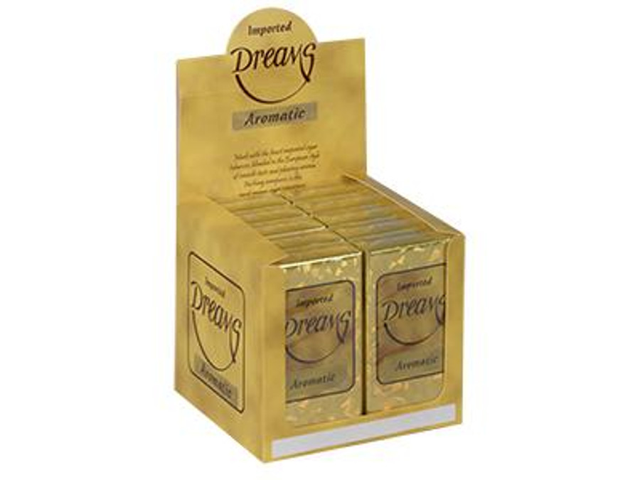 Kretek International Dreams Filtered Cigars Napa Blend, golden yellow boxed display of aromatic filtered cigars with individual wrappers Kretek International Dreams Filtered Cigars Napa Blend, golden yellow boxed display of aromatic filtered cigars with individual wrappers