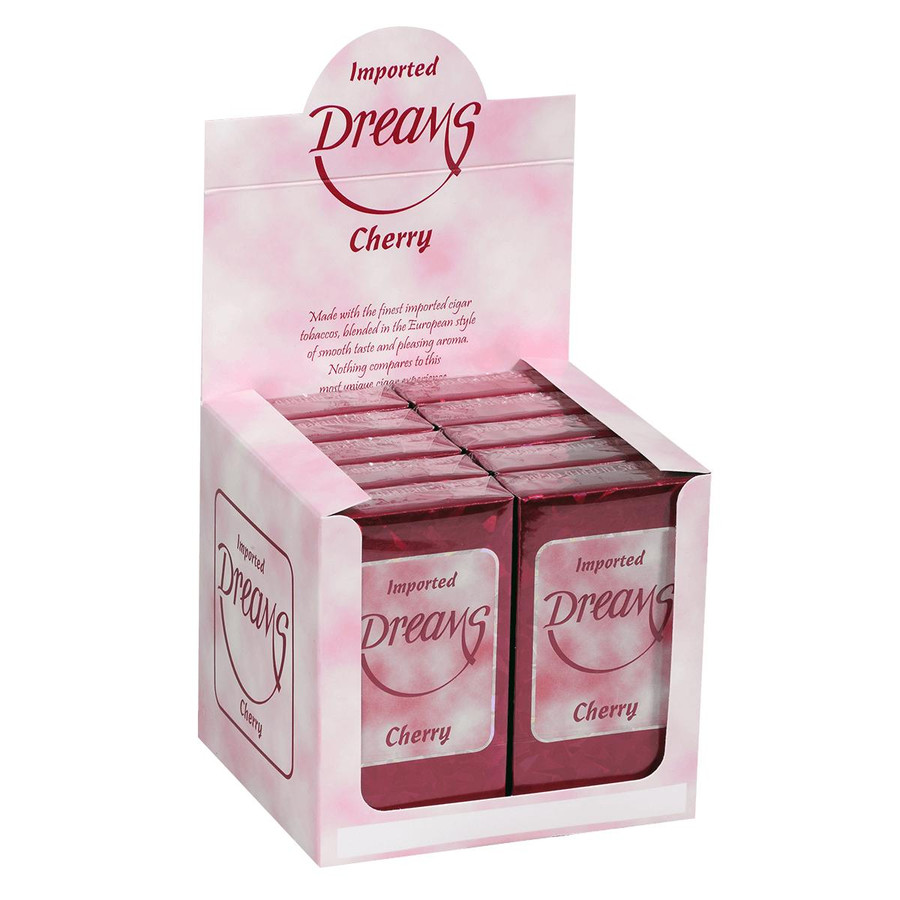 Kretek International Dreams Filtered Cigars jubilee blend, imported cherry flavored cigars in pink and red packaging displayed in a carton.