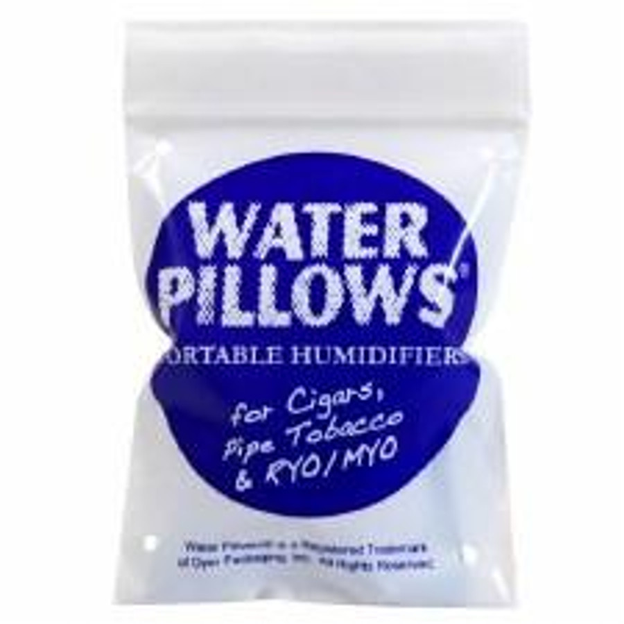 Quality Importers Humidors Water Pillow Portable Humidifier, image showing a small, resealable package with blue and white branding for water pillows designed to maintain optimal humidity for cigars, pipes, tobacco, and kyo/myo.