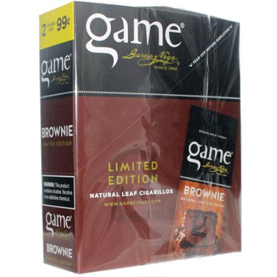 Swedish Match Game Leaf Cigars Brownie 15/2, a sealed box of natural leaf cigars in a black and brown package. Swedish Match Game Leaf Cigars Brownie 15/2, a sealed box of natural leaf cigars in a black and brown package.