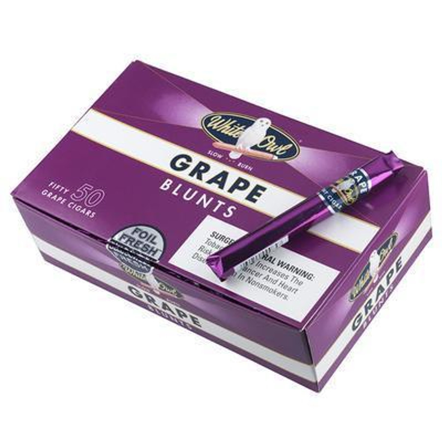 Swedish Match White Owl Blunts Cigars Grape 50ct, purple box of grape-flavored blunt cigars with a single cigar placed on top.
