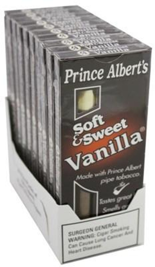 John Middleton Prince Albert Cigars Soft & Sweet Vanilla Pack, retail pack of cigars with black and white packaging and vanilla flavor indication. John Middleton Prince Albert Cigars Soft & Sweet Vanilla Pack, retail pack of cigars with black and white packaging and vanilla flavor indication.