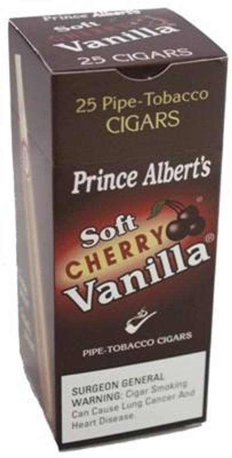 John Middleton Prince Albert Cigars Soft Cherry Vanilla Box, a package of 25 pipe-tobacco cigars with cherry vanilla flavor. John Middleton Prince Albert Cigars Soft Cherry Vanilla Box, a package of 25 pipe-tobacco cigars with cherry vanilla flavor.
