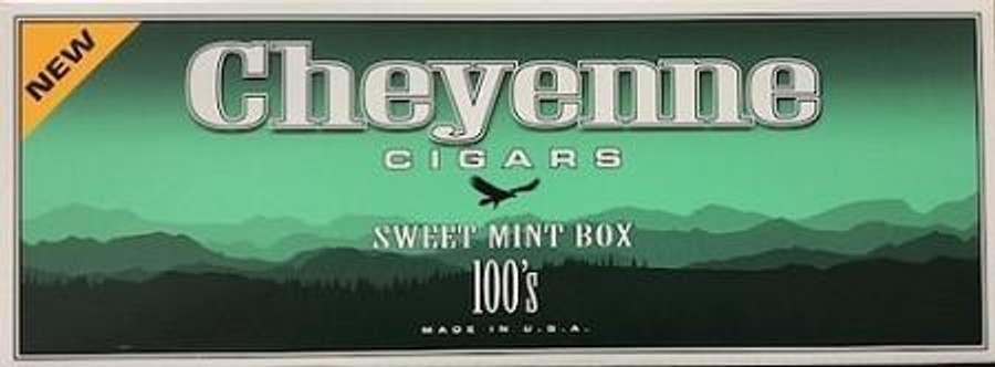 Cheyenne International Cheyenne Filtered Cigars Sweet Mint, green and black packaging box with mountain silhouette design.