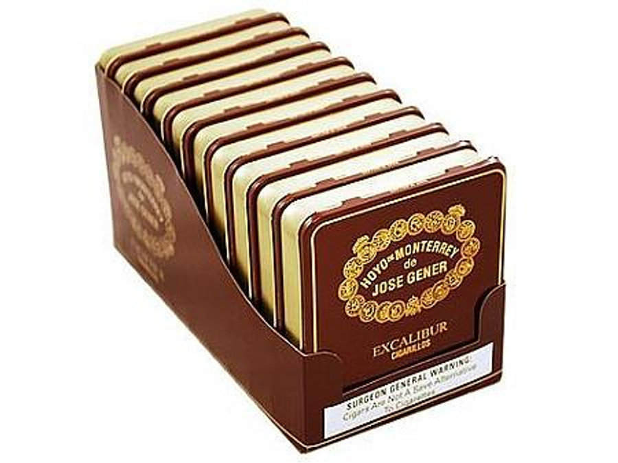 General Cigar Hoyo de Monterrey Excalibur Cigarillos Tin 10/20, a box of cigarillos with a brown and gold design.